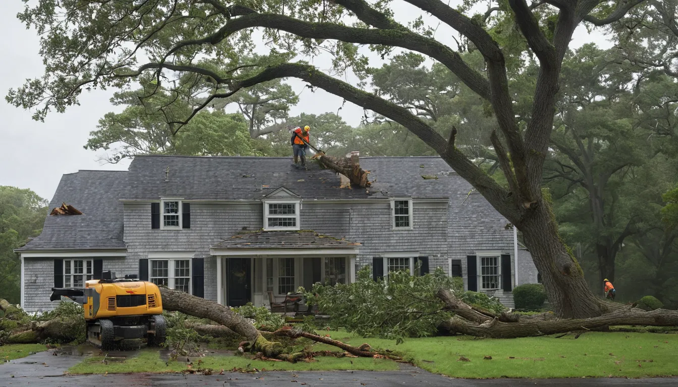 Provider crew safely cutting a fallen tree off a house roof after a storm in Hunker